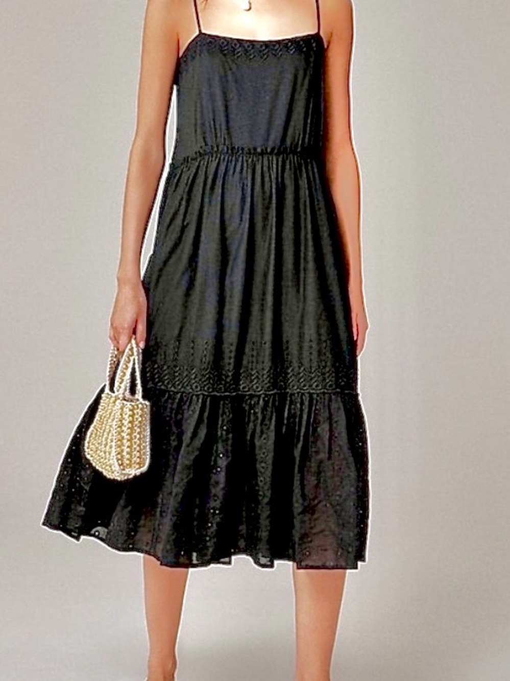 J. Crew / NWT / “Sorrento” Black Midi Dress With Tiered Eyelet Skirt / M
